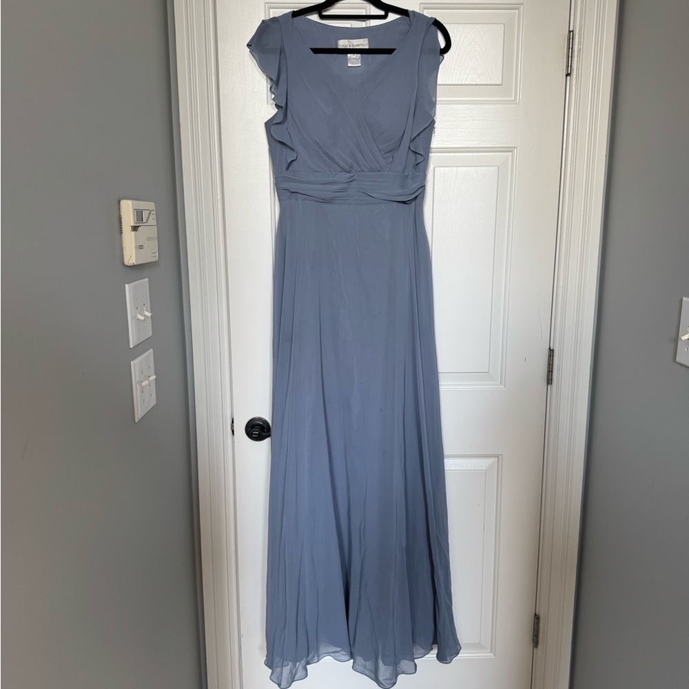Sleeveless Dusty Blue Maxi Dress, Elegant Ruffle V-Neck